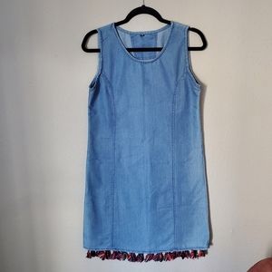 Women's Denim Chambray Shift Smock Dress Multicolor Fringe Hem Vintage Style M